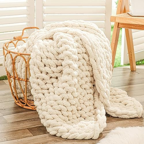 Bigacogo Chunky Knit Throw Blanket for Couch, 40x60 inches, 100% Hand Knitted with Thick Jumbo Chenille Yarn, Cozy Soft Large Rope Knot Cable Crochet Blankets for Sofa Bed Living Room, Beige