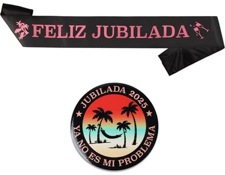 Decoración Jubilación 2025 en Español, Banda Feliz Jubilada + Insignia para Fiesta de Jubilación Mujer, Accesorios Jubilada Photocall Fiesta Jubilación Adorno Sash Ornamento Feliz Jubilación Mujeres