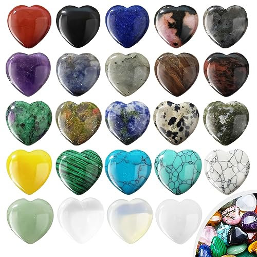 24 Stück Herzsteine Natürliche, 20mm Herz Heilkristalle, Edelsteine, Heilsteine, Handschmeichler Stein, Herz Liebe Steine Set für Kristalltherapie Meditation Yoga Chakra Reiki Balancing