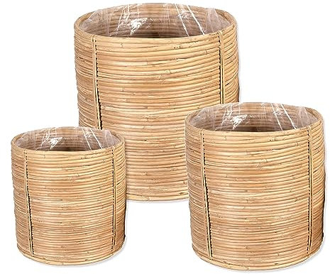 DARO DEKO Rattan Korb Topf 3er Set rund Blumentopf geflochten Aufbewahrungskorb Übertopf Blumenkorb