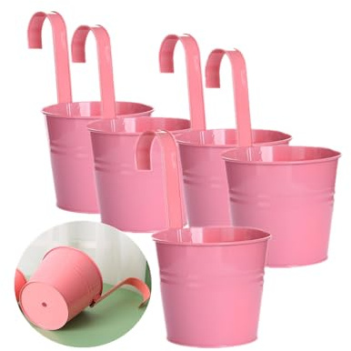 Leoyoubei Hanging Flower Pots for Outdoor Indoor Plants with Removable Hooks -5 Pack Metal Buckets Plant Pots Wall Fence Home Decor-Storage Box,Drainage Holes -5''Diameter (Pink)