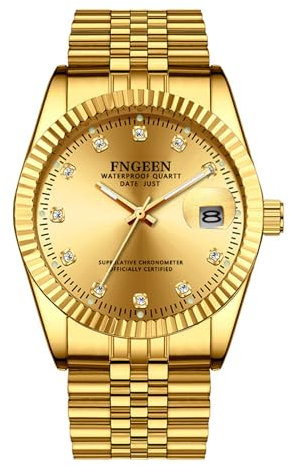JewelryWe Uhren Herren Edelstahl Wasserdicht: Datum Kalender Analog Quarz Armbanduhr Männer Edelstahl Armband Partner Freundschaft Uhr mit Leuchtzeiger und Gold rundem Zifferblatt