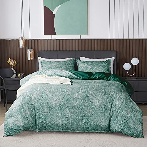 Jemiipee Blumen Bettwäsche-Set mit Tropische Palmblätter Muster, 1 x Bettbezug 200x220 cm mit 2 x Kissenbezüge 80x80 cm und Reißverschluss, Weiche 100% Mikrofaser Bettwäsche Modern, Hellgrün