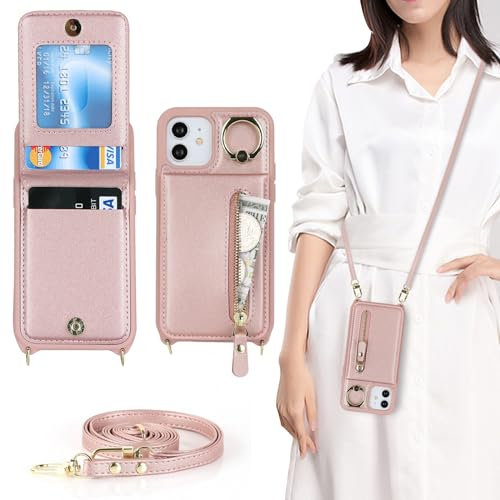 Zouzt for iPhone 12 Mini Case with Cord and Card Holde, Zipper Wallet Case with Crossbody Lanyard Ring Adjustable Necklace Protective Cover Women for iPhone 12 Mini 5.4 Inch - Rose Gold