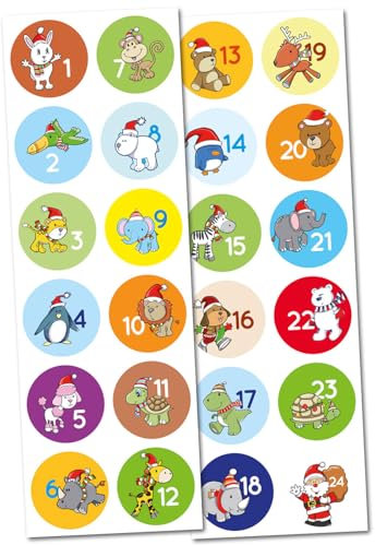 Kiwikatze Adventskalender Aufkleber Motiv Mützentierchen 37mm Set mit Zahlen 1-24 Adventskalenderzahlen selber machen diy Bastelset Sticker