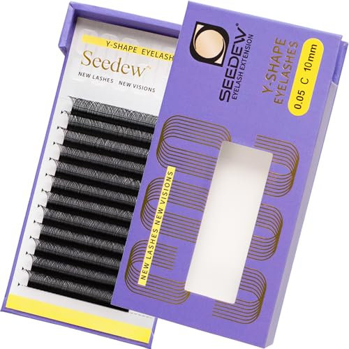 SEEDEW YY Lash Extensions, 0.05mm C Curl 10mm 12 Rows/Tray, Y Shape Long Flat Stem, Korean PBT Soft Natural False Eyelashes Grafting for Beginner/Tech Artist, Beauty Salon(Matte Black-0.05-C-10mm)