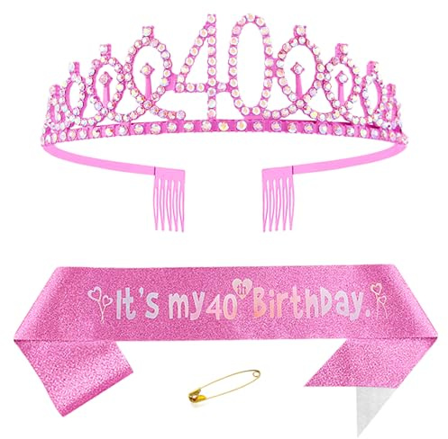 40. Geburtstags Krone und Schärpe für Damen Kristall Queen Tiara Princess Crown Rosa Birthday Schärpe 40th Geburtstagskrone Frau Geburtstagsschärpe Frauen Geburtstag Dekoration Geburtstagsgeschenk