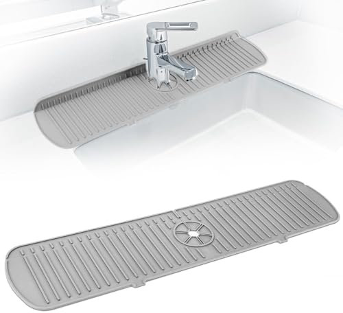 Tapis de Robinet en Silicone, 61cm x 14.5cm Protege de Robinet Evier Cuisine, Faucet Drain Pad, Pare éclaboussures pour évier, pour Protéger Les Salles de Bain, Plans de Travail et Sol-Gris