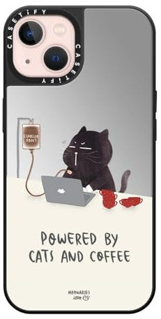 CASETiFY Mirror iPhone 13 Case [Reflective / 4.9ft Drop Protection/Compatible with Magsafe] - Powered by cats and coffee - Silver On Black