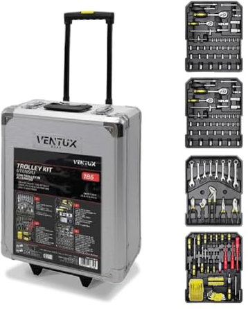 Valigia degli attrezzi composta da 186 pezzi || attrezzi riposti in 4 vassoi con ruote e manico telescopico || Set Completo di Utensili Per Fai da Te e Professionisti || trolley degli attrezzi