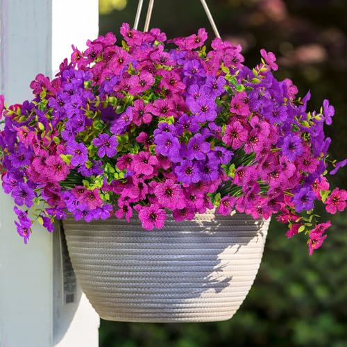 Alupssuc 24 Bundles Artificial Flowers Outdoor Decoration, Mixed 2 Colors Violet Plastic Fake Flowers Plants, for Indoor Outdoor Hanging Baskets Garden Porch Window Home Vases Wedding Farmhouse Decor