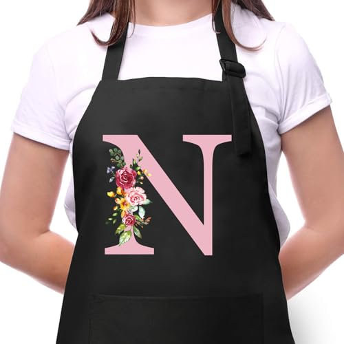 Personalisierte Initialen Schürzen Damen, Kochschürze Baumwolle Verstellbare Küchenschürze mit Taschen zum Kochen, Backen, Geschenk für Frauen Mama Oma Freundin zum Geburtstag Muttertag Weihnachten N