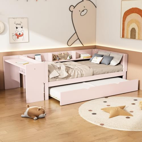 Lit Multifonction pour Enfant Moderne avec Bureau Intégré Gigogne Et Trois étagères Latérales, Lit D'adolescent élégant en Pin Massif Et MDF, pour Chambres D'hôtes(Color:Rose(sans Matelas))