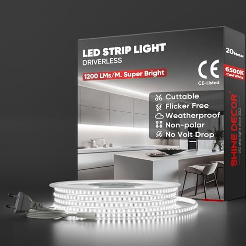 Shine Decor LED Streifen 20m, AC 220V 230V IP65 Wasserdicht LED Band, SMD 2835 120 leds/m Ultrahohe Helligkeit Lichtleiste für Home Decoration Küche Garten LED Beleuchtung (20M, Kaltes Weiß)