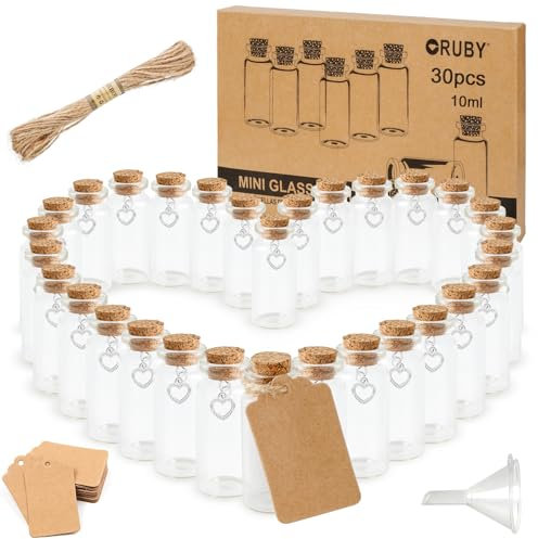 RUBY Lot de 30 Petites Fioles en Verre avec Bouchon 10ml - Mini Bouteilles pour Décoration, Bricolage, Pot à Epices et Cadeaux de Mariage (22mm x 55mm)