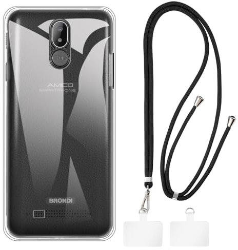 Shantime Brondi Amico Smartphone S+B Nero Custodia + Cordino Universale per Cellulare, Tracolla Morbida Cinturino Silicone TPU Cover Bumper Shell per Brondi Amico Smartphone S+B Nero (5,7)