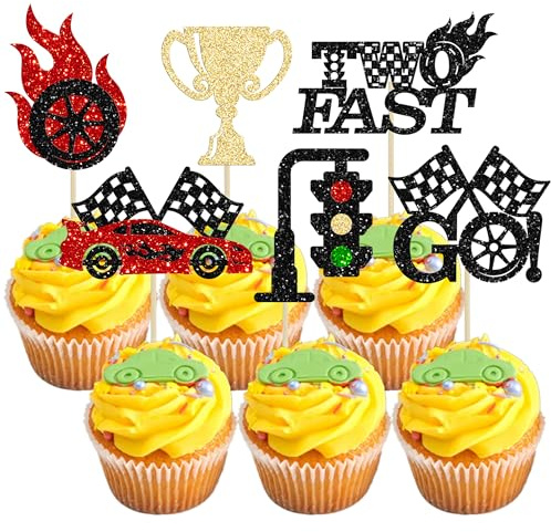 Gyufise 24Pcs zwei schnelle Cupcake Toppers Glitter Rennen Auto Cupcake Pick Dekorationen für Baby Dusche Rennen Sport Thema Kinder 2nd Birthday Party Kuchen Dekorationen Zubehör