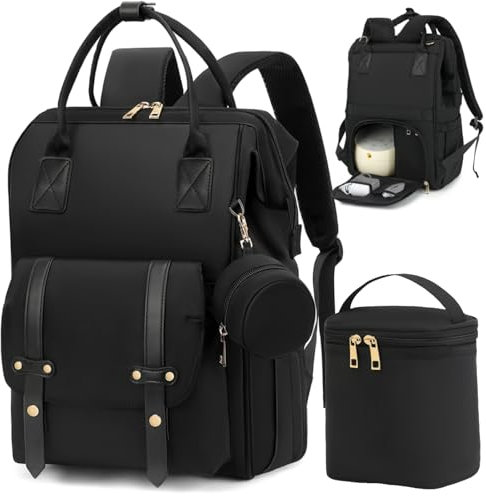 ROSEGIN Wickeltasche Rucksack, Milchpumpen Tasche mit Kühltasche, Passend für Momcozy, Philips, Medela, Geeignet für 15,6 Laptop, 15 Fächer, Kinderwagengurte, Schnullerhalter,Schwarz