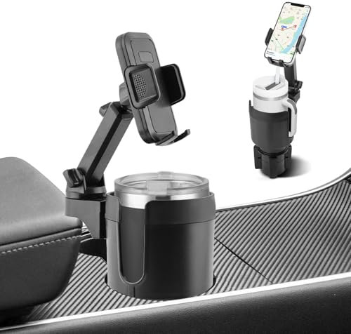 HINMAYGO 2 in 1 Cup Holder Phone Mount for Car, 360°Rotation Car Cup Holder Expander Cup Phone Holder Adapter, Height Adjustable Car Expander Organizer Fits 4-7'' Phones and Most Bottles