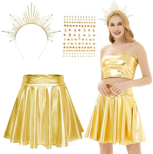 Capaneus Sonne Kostüm, Metallischer Faltenrock Glitzer Rock Gold, Haarreif Sonne, Glitzersteine Gesicht Gold, Sonnengöttin Kostüm Kopfschmuck für Damen Karneval Halloween Mottoparty Cosplay Kostüm