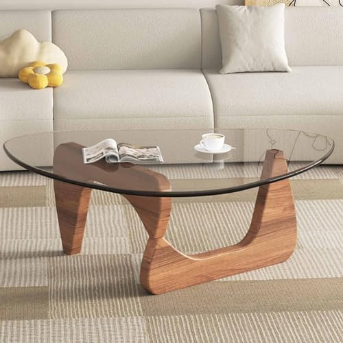 JJPSFDSP Glasbord, modern triangeldesign med massiv träbotten och klar glasskiva, mitten av århundradet vintage stil, för vardagsrum, uteplats, arbetsrum, B, 83 x 57 x 40 cm
