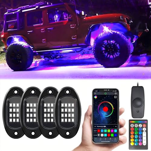 GSRECY Kit RGB LED Rock Lights con app/telecomando/modalità musica, High Power Multicolor Neon Underglow Wheel Light compatibile con camion rimorchio barca SUV Off Road ATV UTV RZR (4 pods)