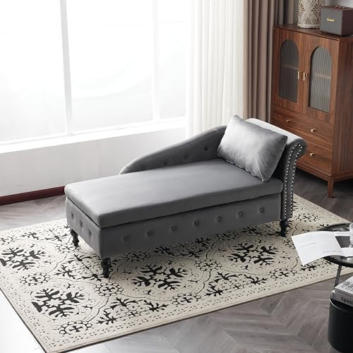 Chaiselongue Indoor Lounge Sofa mit Stauraum, Samt Couch Loungesessel mit Armlehne und Lendenkissen, Gepolsterte Recamiere mit Nagelkopfbesatz und Knopfheftung für Wohnzimmer, Schlafzimmer (Grau)