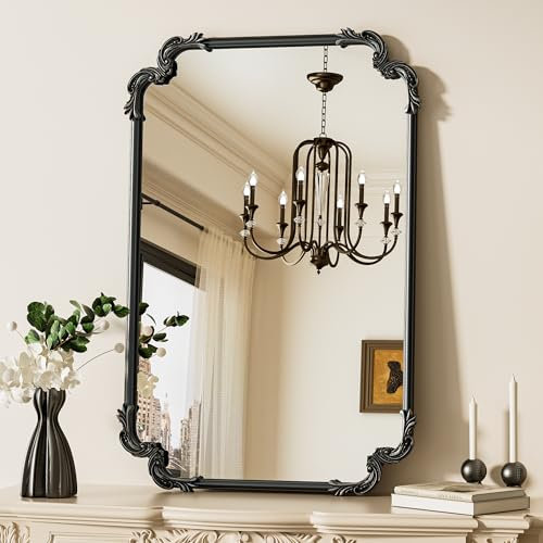 TETOTE Espejo rectangular negro para chimenea, 24 x 36 pulgadas, estilo barroco, antiguo, vintage, ornamentado, espejo de pared con marco de metal para decoración tradicional victoriana francesa,