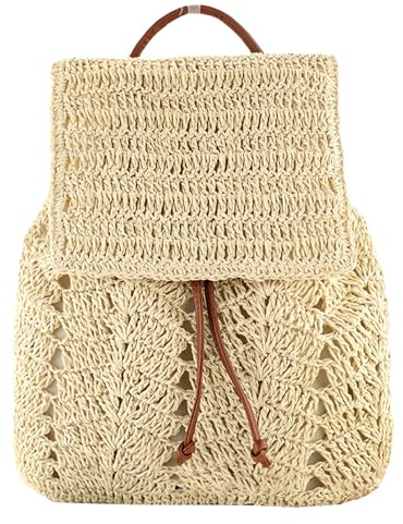 Anopo Stroh Rucksack mit Kordelzug für Damen Beige | Böhmischer Look, Handgefertigt, Leichtes Gewicht, Großes Volumen, für Lässig Sommer Strand Urlaub