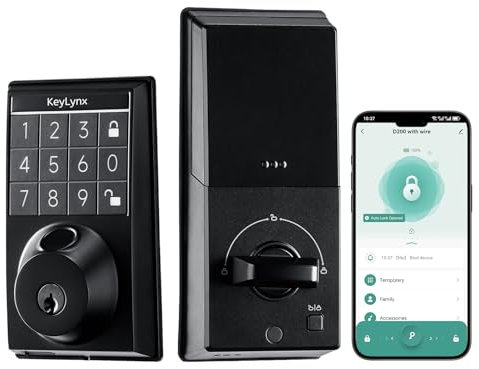 Serrure de porte d'entrée sans clé - Serrure de porte à empreinte digitale KEYLYNX - Serrure de porte à clavier avec code numérique intelligent pour porte d'entrée - Contrôle par application -