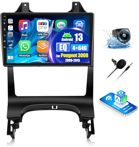 OiLiehu 4+64G Android 13 Autoradio pour Peugeot 3008 2009-2015 avec CarPlay Android Auto sans Fil, 9“ IPS Écran Tactile Radio avec GPS WiFi Lien Miroir Bluetooth FM/RDS EQ SWC Caméra Arrière Canbus