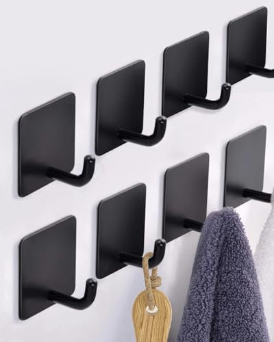 YLITREUS Ganci Adesivi 8 Pezzi - Ganci da Parete in Acciaio Inox Nero Senza Foratura per Bagno, Cucina, Soggiorno - Gancio Salvaspazio per Asciugamani e Gancio Autoadesivo per cappotti