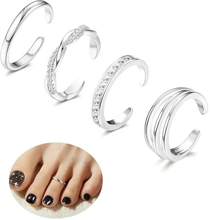 Auiremrti 4 pezzi di anelli per le dita dei piedi placcati in oro 14 carati, anelli per le dita dei piedi placcati in oro bianco per donne, Hug CZ, triplo intrecciato, semplice fascia, anelli aperti