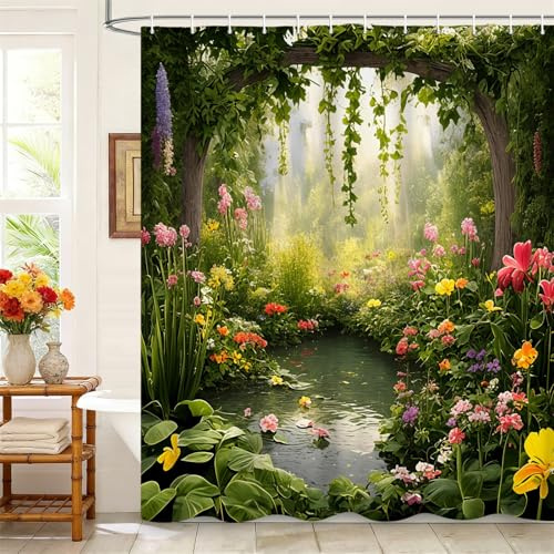 Kzzfqxb 183x213cm Duschvorhänge mit Kunstst Offhaken, Üppige Grüne Wunder Blumen Wald Lotus im Teich Ölgemälde Wasserdicht für Badewanne, Rrfrischend Schöner Garten Polyester Stoff für Badezimmer