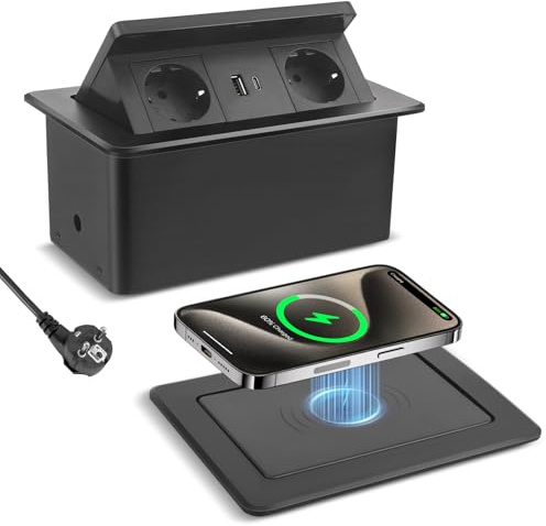 Prise Encastrable Plan de Travail, avec USB C PD 20 W et 15 W - Prise Encastrable Rétractable avec Chargeur sans Fil - Prise de Table Escamotable - pour Plan de Travail, Table de Canapé, Maison