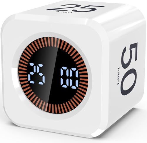 Pomodoro Timer Cube, Visueller Würfel-Timer für Kinder, Digitale LED Drehbarer Timer mit 5/10/25/50 Min & Custom Countdown, Lautlos/Ton Modi, USB-C für Lernen, Arbeit, Küche, ADHS (Weiß)