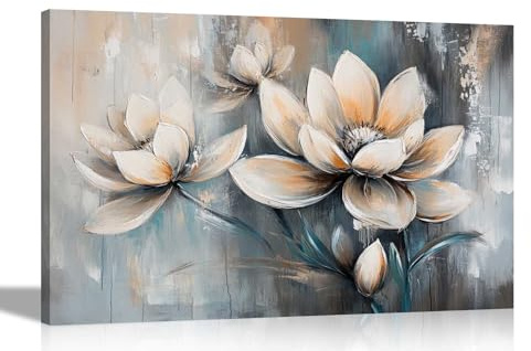 Artley Prints - Abstract Cream Dahlia Flowers Wall Art Framed Canvas Pictures Botanical Prints For Office Home Hallway Ready to Hang Large 86 x 61cm (34 x 24 inches) A1