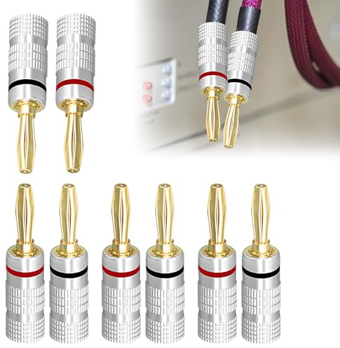 8Pcs Gold Plated Banana Plugs Speaker, 4mm Banana Plugs, Dual Screw Lock Speaker Connectors for High Fidelity Sound Systems, Universal Banana Cable Plugs for Hi-Fi AV Receiver, Speakers, Amplifier