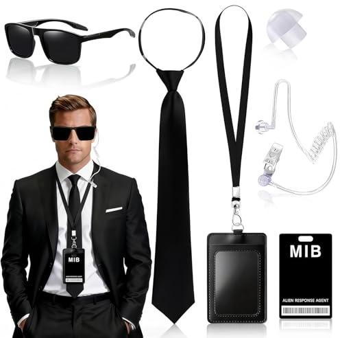 Agent Kostüm Zubehör, Men In Black Kostüm, Geheimdienst Kostüm Set mit Sonnenbrille Krawatte Hörer ID Karte, Security Kostüm für Kinder & Erwachsene zu Karneval, Rollenspiel & Halloween, Herren Damen