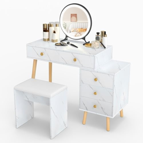 COSTWAY Schminktisch mit abnehmbarem LED-Spiegel und 5 Schubladen | Frisiertisch mit 3 Beleuchtungsmodi, Seitenschrank, gepolstertem Hocker, Marmor-Optik & Holzbeinen, 100 x 45 x 116,5 cm
