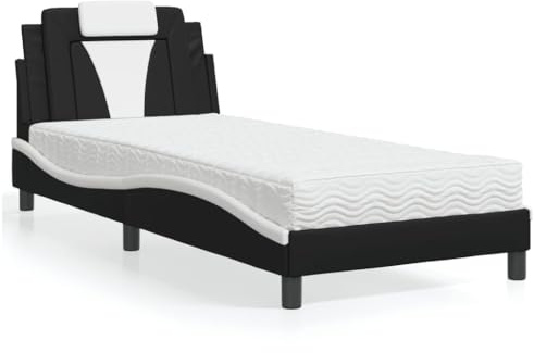 Owoxanthellate Bett Viana mit Matratze 90x190 cm Schwarz Weiß Kunstleder Modernes Wellendesign Rahmen Holz Metall für Jugendzimmer Schlafzimmer Gästezimmer