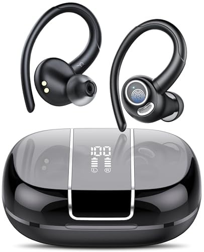 Csasan Sport Wireless Earbuds, Bluetooth 5.3 Headphones with Secure Earhooks & ENC Mic, 48H Playtime Hi-Fi Bass Ear Buds, IPX7 Waterproof Earphones for Running, Gym and Cycling, LED Display/USB-C