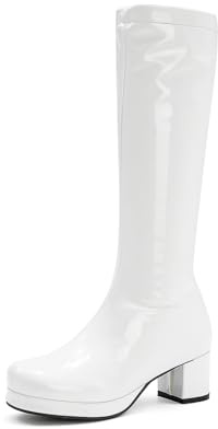 TNMIUH Stivali Alti sopra Il Ginocchio in Vernice da Donna con Tacco Largo, Stivali Gogo Anni 60 70 Retro per Festa a Tema e Carnevale, Nero/Bianco,Bianca,37 EU