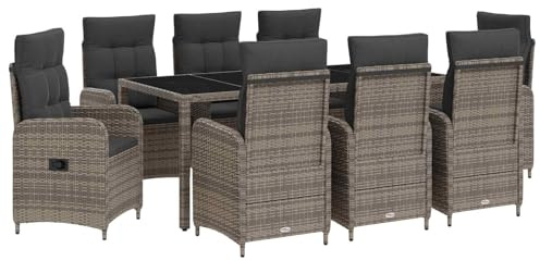 GeenYuu Outdoortisch-Set 9-teilig Hellgrau Dunkelgrau 190 x 90 x 75 cm Poly-Rattan Essgruppe mit verstellbaren Rückenlehnen und wetterbeständigem pulverbeschichtetem Stahl für Garten und Terrasse