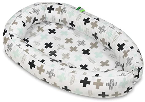 Velinda Kuschelnest Babynest Babynestchen Nestchen Reisebett Kuschelbett 100% Baumwolle (Muster: mintfarbene Kreuzchen)