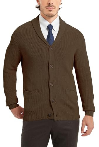 Kallspin Herren Wollschal-Kragen Strickjacke mit Knöpfen und Taschen(Braun, XL)