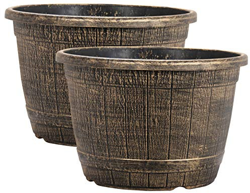 Muddy Hands Bronze Wooden Barrel Effect Plant Pot Round Plastic Planter Outdoor Garden Flower Tree Herb (2, 13.2 Litre)