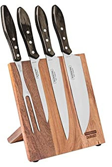 TRAMONTINA - Juego Churrasco, para Asado, en Acero Inoxidable y Mangos de Madera Polywood en Color Castaño, Cubiertos con Remaches de Aluminio, 5 Piezas, Incluye Cuchillos, Soporte y Tenedor