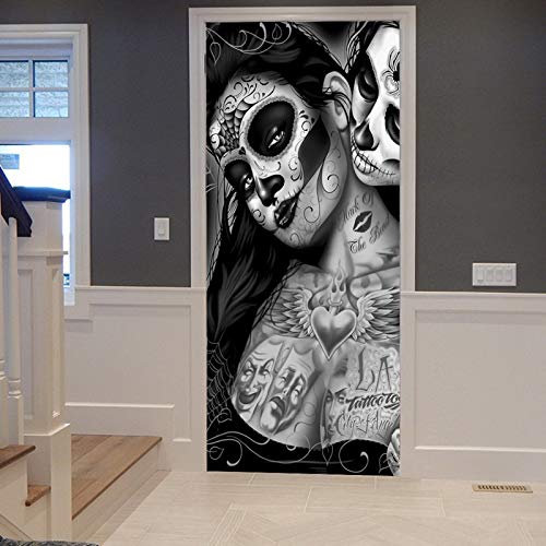 A.Monamour Türtapete Selbstklebend Türfolie Türposter 3D Monochrome Schädelmädchen Mit Tätowierung Tag Des Toten Halloween Vinyl Folie Türdeko Tapete Wandbild Türaufkleber Türtattoo 77 x 200 cm