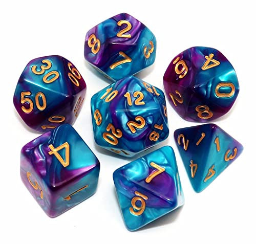 DND-Würfelset für Rollenspiele, polyedrisch, für Dungeon and Dragons, D&D, Rollenspiele, 7-teilig, Seeblau-Lilatöne